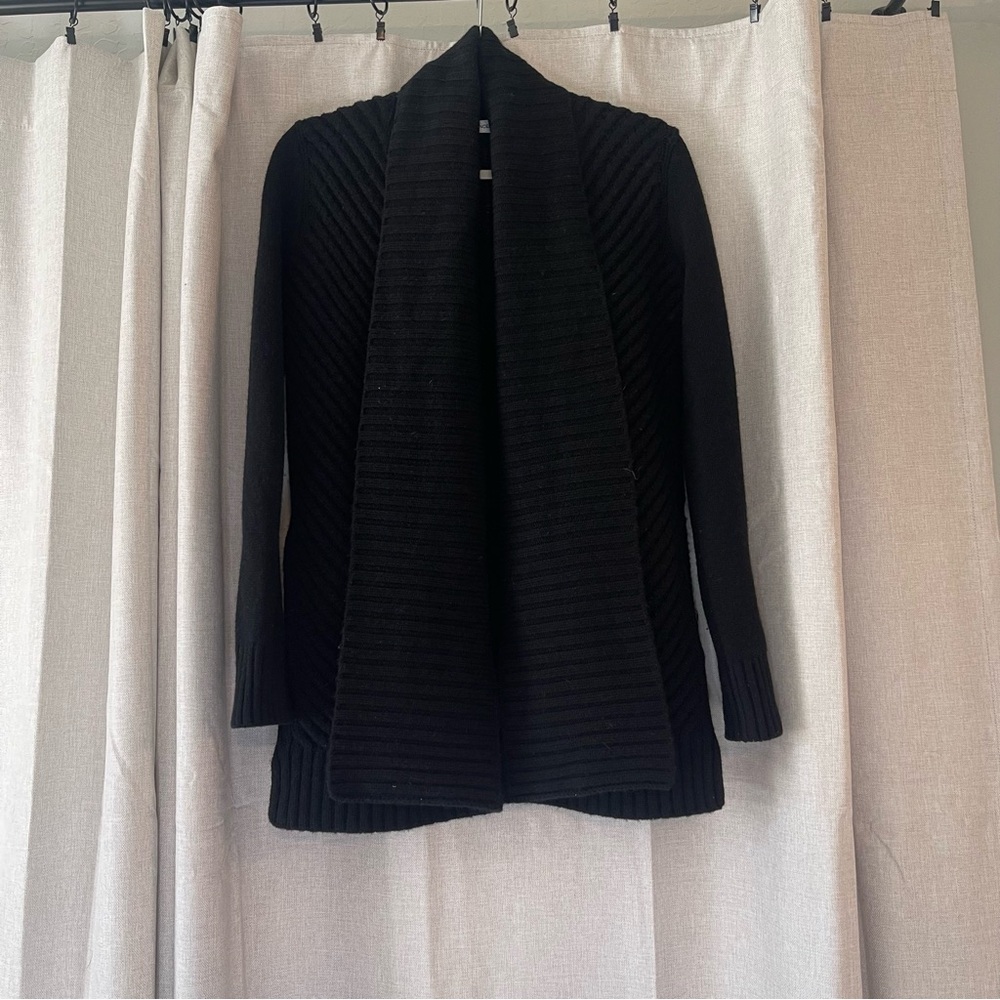 Vince black wool ribbed open-front shawl collar cardigan sweater